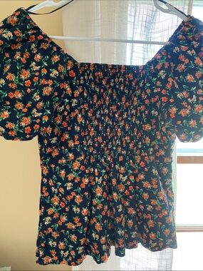 Old Navy Puff-Sleeve Smocked Square Neck Floral Top Small Tall
